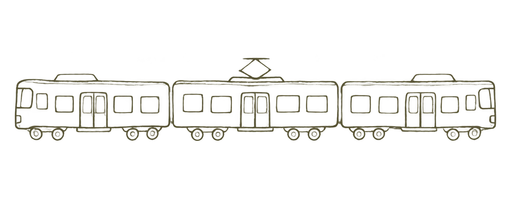 架空の3両編成の電車を描いた手描き風線画